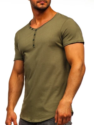 Khaki pánske tričko s výstrihom do V bez potlače Bolf 4049