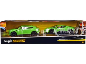 Lamborghini Urus Green with Lamborghini Huracan Coupe Green and Flatbed Trailer Set of 3 pieces "Elite Transport" Series 1/24 Diecast Model Cars by M