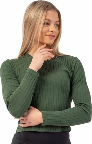 Nebbia Organic Cotton Ribbed Long Sleeve Top Verde Închis S Tricouri de fitness