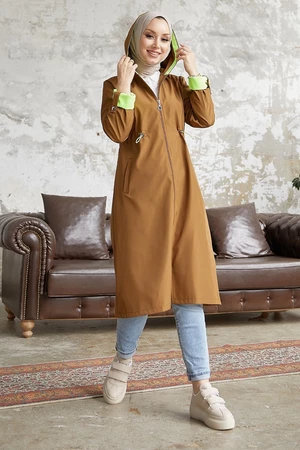 InStyle Neon Trench with Drawstring Waist Hooded - Tan  Green