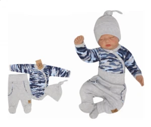 Z&amp;Z 3-dílná soupravička body, polodupačky a čepička Army - šedá, vel. 56 (1-2m)
