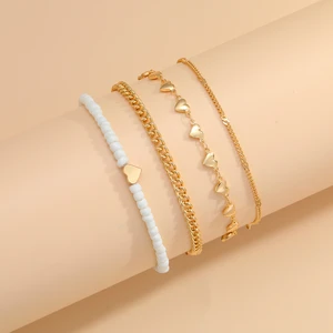 Multi Layered White Rice Beads Mini Heart Ankle Chains Boho Anklet for Women Summer Beach Foot Jewelry