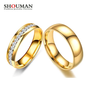 SHOUMAN Gold Color Lover Crystal Stainless Steel Rings for Men Women Wedding Band Custom Engrave Name Charm Gift