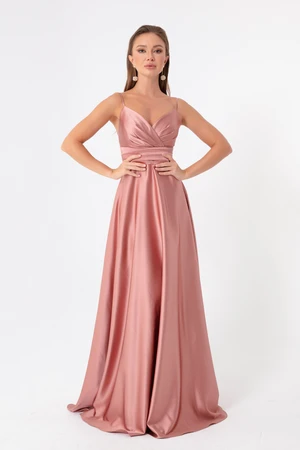 Lafaba Women's Salmon Long Satin Evening Dress with Thread Straps and Waist Belt