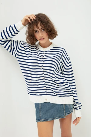 Lafaba Women's Navy Blue Gold Buttoned Striped Knitwear Cardigan