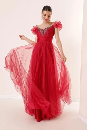 By Saygı Front Back V-Neck Rope Straps Low Sleeves Stone Detailed Lined Long Tulle Dress Red