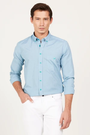 AC&Co / Altınyıldız Classics Men's Navy Blue-Green Slim Fit Slim Fit Button Collar Logo Pocket Cotton Striped Shirt