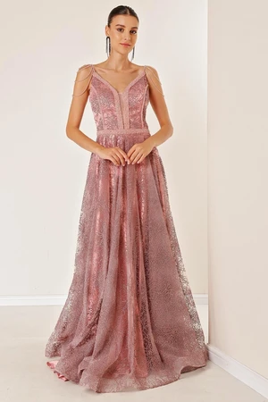 By Saygı V-Neck with Thin Straps Bead Detailed Tie Back Lined Glitter Flock Printed Coral Long Dress Powder Powder