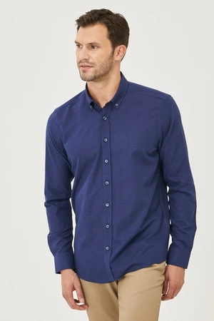 AC&Co / Altınyıldız Classics Men's Navy Blue Tailored Slim Fit Oxford Buttoned Collar Linen-Looking 100% Cotton Flared Shirt.