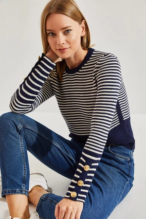 Bianco Lucci Women's Striped Knitwear Sweater with Buttons
