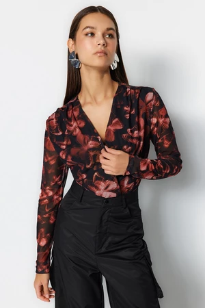 Trendyol Black Printed Double Breasted Collar Long Sleeves With Snap Buttons Flexible Tulle Knitted Body