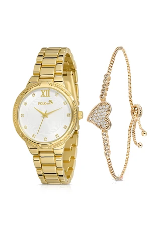 Polo Air Stylish Sports Women's Wristwatch Zircon Stone Heart Bracelet Combination Gold Color