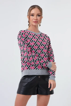 Lafaba Women's Gray Crewneck Patterned Knitwear Sweater