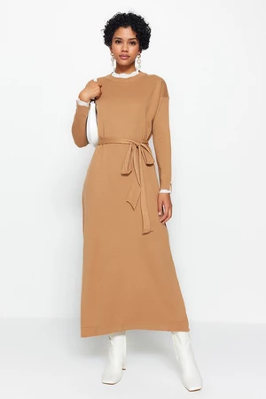 Trendyol Camel Pearl Detailed Knitwear Dress