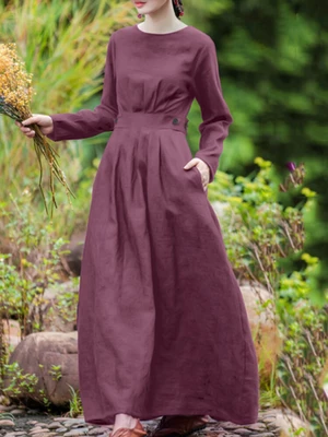 Cotton Solid Button Pocket Long Sleeve Zip Casual Maxi Dress