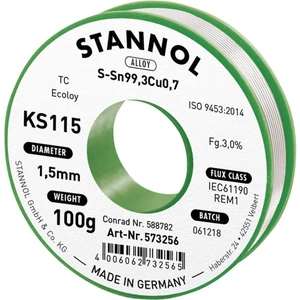 Stannol KS115 spájkovací cín bez olova cievka Sn99,3Cu0,7 100 g 1.5 mm