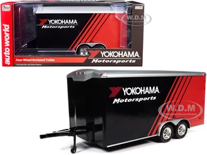 Four Wheel Enclosed Car Trailer "Yokohama Motorsports" Black and Red for 1/18 Scale Model Cars by Auto World