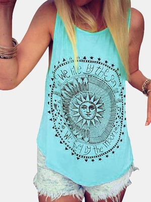 Disk Letter Print Round Neck Loose Summer Casual Tank Tops