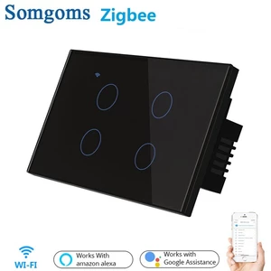 Somgoms Tuya 4Gang 1/2 Way US WiFi ZB Smart Lights Wall Touch Switch APP Voice Remote Control Wireless Lamp Smart Home S