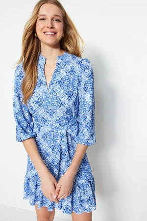 Trendyol Blue Printed Belted A-Line Mini Knitted Dress