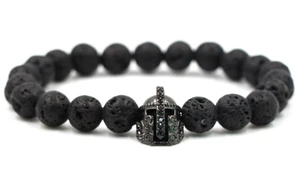 10mm gddf2 elastic adjusted nature black stone volcanic lava bead micro pave Spartan helmet cz cubic zirconia Bracelet