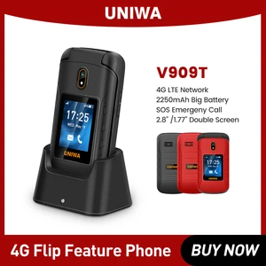 UNIWA V909T 4G Flip Phone FM Radio Russian Hebrew Keyboard Clamshell Phone Big Push-Button Dual Screen Cellphone For Old people