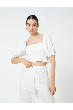 Koton Crop Blouse with Balloon Sleeves Square Collar Ruffled