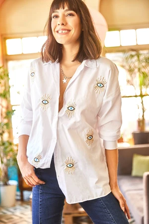 Olalook Women's White Eye-Sequined Detailed Woven Boyfriend Shirt