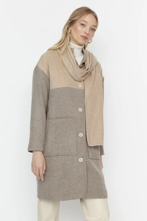 Trendyol Beige Color Block Detachable Shawl Detailed Lined Stamp Coat