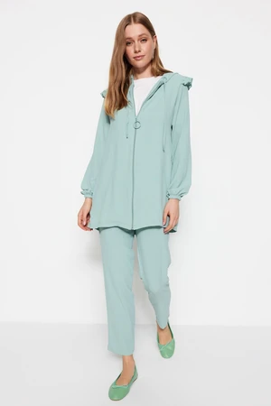 Trendyol Mint Shoulder Frilly Hooded Woven Aerobin Tunic-Pants Set