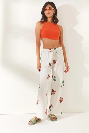 Olalook Women's Floral Tile Belted Patterned Linen Palazzo Pants