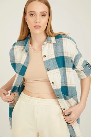 By Saygı Bat-Sleeves Checkered Stamped Shirt With Pockets Turquoise