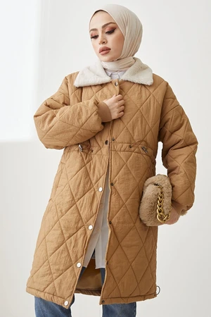 InStyle Alba Shearling Collar Coat with Shearlings - Camel