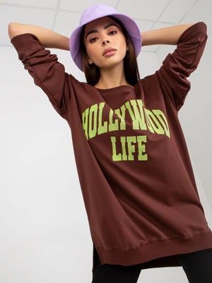 Dark brown and green oversize long sweatshirt with inscription