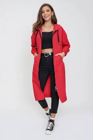 By Saygı Women's Red Hooded Pocket Zipper Soft Cotton Trench Coat