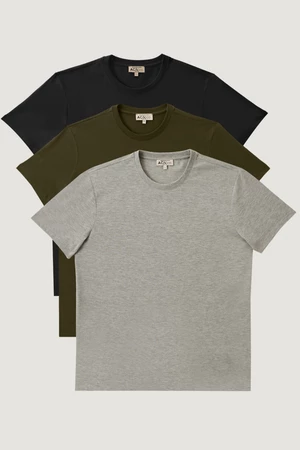AC&Co / Altınyıldız Classics Men's Black-khaki-grey Melange Slim Fit Slim Fit Slim Fit Crew Neck 3 Pack 100% Cotton T-Shirt.