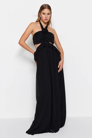Trendyol Long Evening Dress In Chiffon With Window/Cut Out Detailed Ruffles With Black Lined