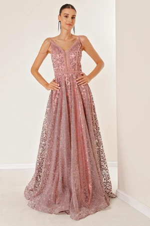 By Saygı Thin Straps, Beading Detailed, Tie Back Lined Floral Glitter Flocked Printed Long Dress
