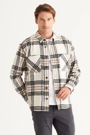 AC&Co / Altınyıldız Classics Men's Beige Black Oversize Loose Cut Button Collar Pocket Plaid Patterned Lumberjack Winter Shirt Jacket