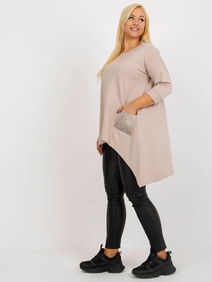 Beige long blouse of larger size with rhinestone application