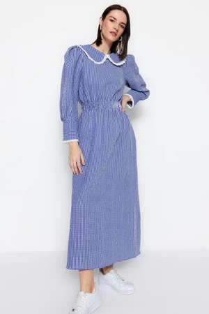 Trendyol Blue Gingham Textured Fabric Baby Doll Collar Waist Gipede Detailed Woven Dress