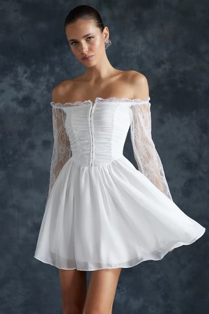 Trendyol Bridal White Waist Opening/Skater Lined Agraphed Chiffon Wedding/Wedding Elegant Evening Dress