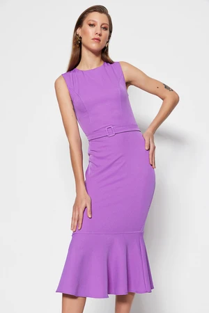 Trendyol Purple Belt Fitted Midi Woven Flounce Woven Dress