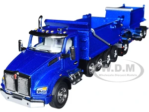 Kenworth T880 Quad-Axle Dump Truck and Rogue Transfer Tandem-Axle Dump Trailer Surf Blue Metallic 1/64 Diecast Model by DCP/First Gear