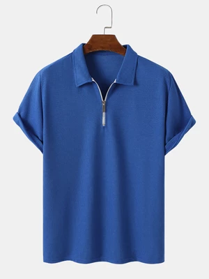 Mens Solid Color Textured Half Zip Short Sleeve Golf Shirts
