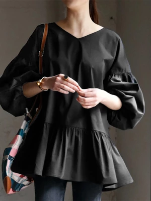 Leisure Puff Sleeve Back Drawstring Pleated Loose Blouse
