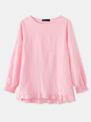 Women Solid Color O-Neck Ruffle Hem Casual Long Sleeve Plain Blouse