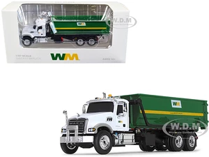 Mack Granite MP Refuse Garbage Truck with Tub-Style Roll-Off Container "Waste Management" White and Green 1/87 (HO) Diecast Model by First Gear