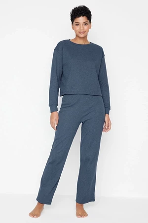 Trendyol Navy Blue Ribbed Cotton T-shirt-Pants Knitted Pajamas Set