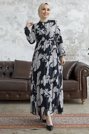 InStyle Elya Floral Neck Belted Chiffon Dress - Black